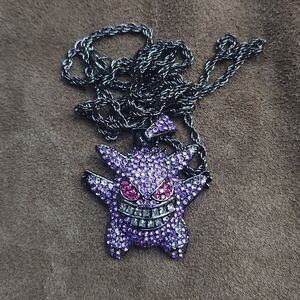 Purple Iced Gengar Pendant Black Gunmetal Rope Chain 24" Stainless Steel Bling N